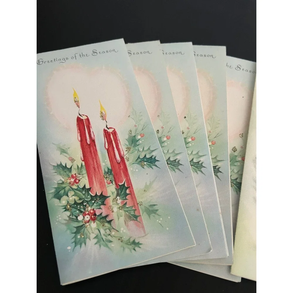 Christmas Cards Glitter Bulk Lot  Vintage Glitter Poinsettia Candle Winter Scene